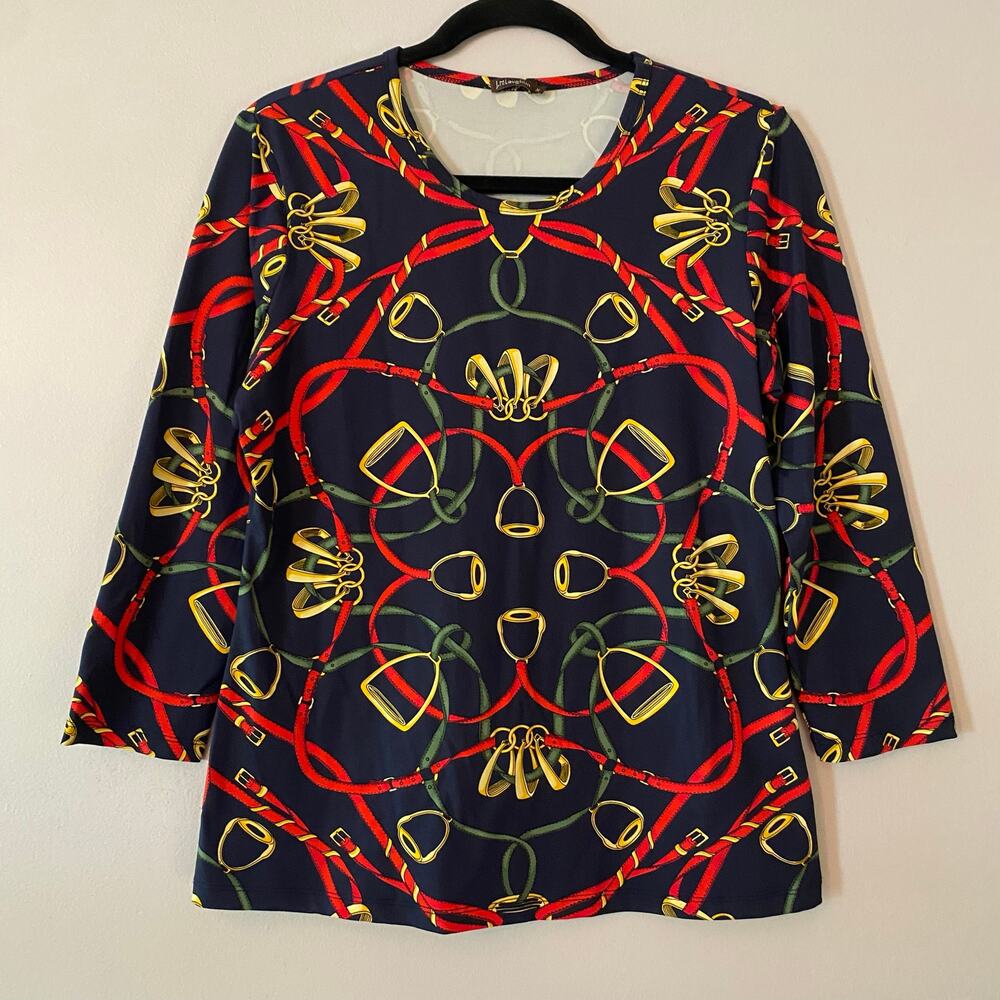 J. McLaughlin Nacy Blue Equestrian Horse Top Catalina Cloth 3/4 Sleeve Medium